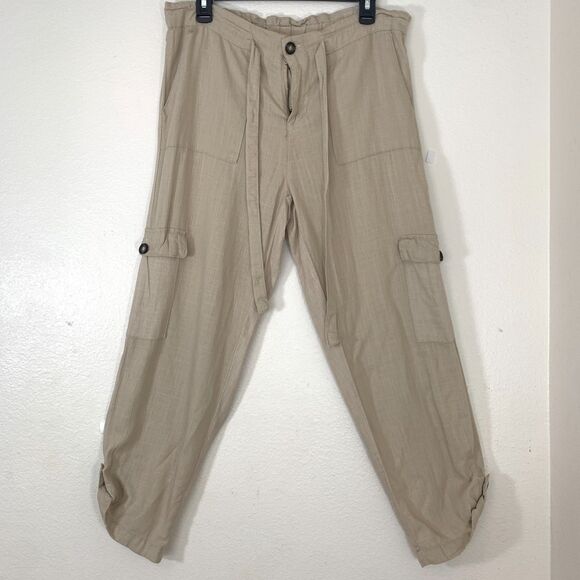 Francesca's Linen Blend Tie Front Cargo Pants Summer Coastal Festival Size Large - Picture 1 of 9